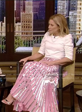 Kelly's white ruched sleeve top and pleated skirt on Live with Kelly and Ryan