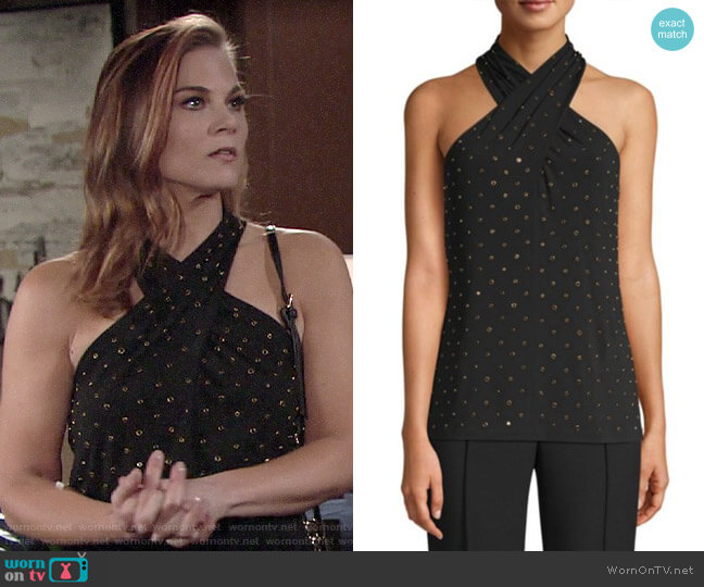 WornOnTV: Phyllis’s black embellished cross neck top and ruffled pants ...