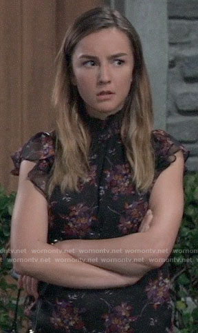 Kristina’s black floral top with smocked neck on General Hospital