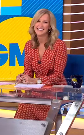 Lara’s orange printed tie neck dress on Good Morning America