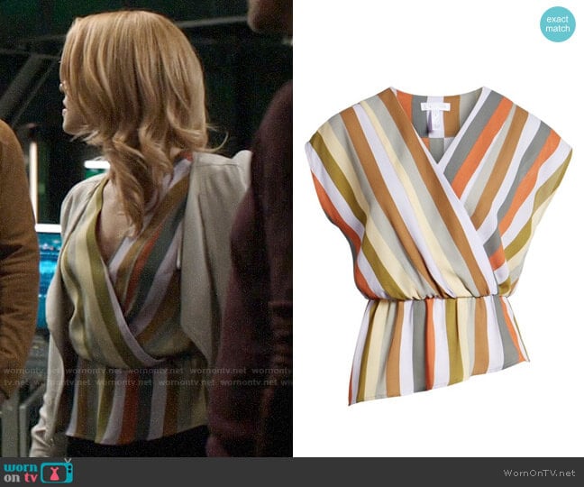 Leith Wrap Style Blouse worn by Felicity Smoak (Emily Bett Rickards) on Arrow