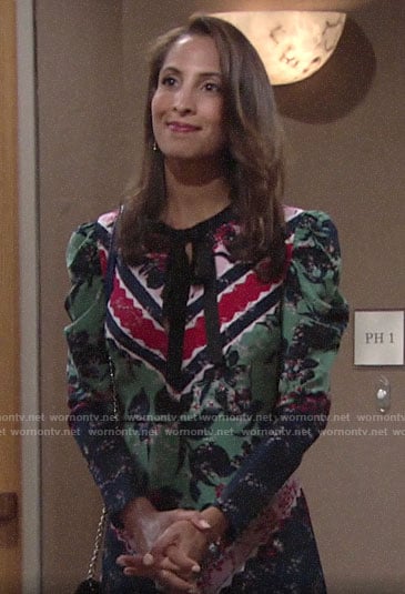 Lily’s mixed print tie-neck dress on The Young and the Restless