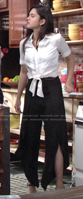 Lola’s white tie front shirt and black split front pants on The Young and the Restless