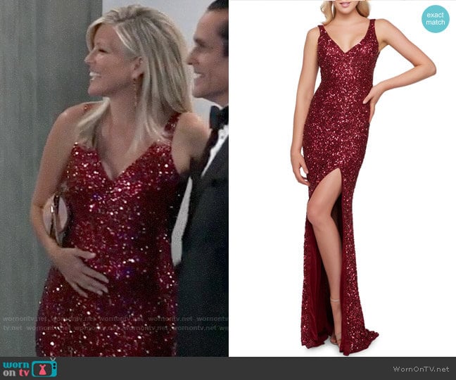 Mac Duggal Sequin V-Neck Sleeveless Gown with Thigh Slit worn by Carly Spencer (Laura Wright) on General Hospital