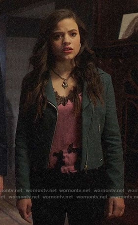 Maggie’s pink lace top and blue moto jacket on Charmed
