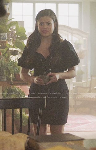 Maggie’s black lace-up puff sleeve dress on Charmed
