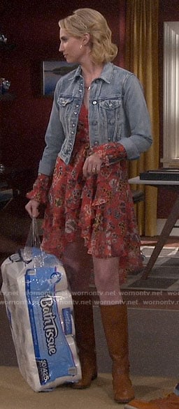 Mandy's red floral dress and denim jacket on Last Man Standing