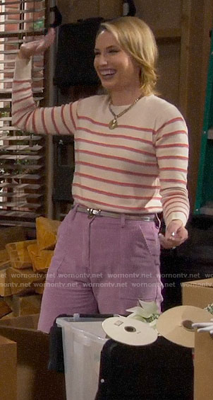 Mandy’s striped sweater and purple corduroy pants on Last Man Standing