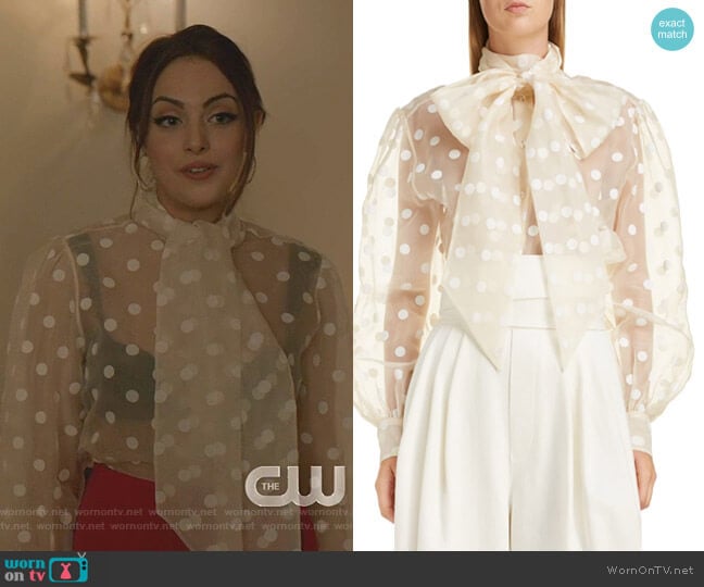 Tie Neck Polka Dot Silk Blouse by Marc Jacobs worn by Fallon Carrington (Elizabeth Gillies) on Dynasty