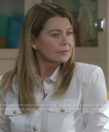 Meredith’s white dotted blouse with gold buttons on Grey’s Anatomy