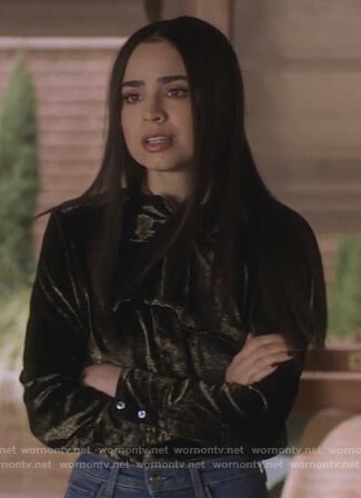 Ava's metallic tie neck top on Pretty Little Liars The Perfectionists