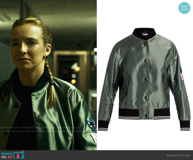 Miu Miu Oversized Patches Bomber Jacket worn by Villanelle (Jodie Comer) on Killing Eve