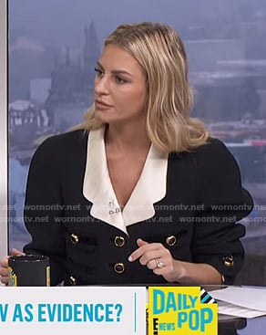 Morgan’s black contrast-lapel jacket on E! News Daily Pop