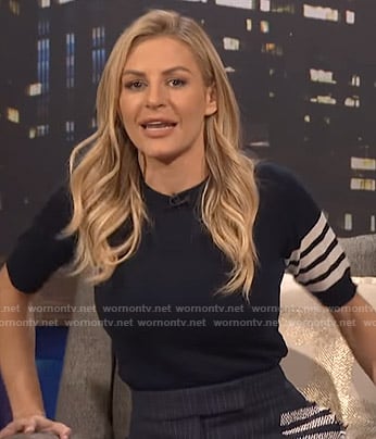 Morgan’s navy stripe sleeve sweater and skirt on E! News Nightly Pop