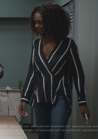 Angela’s navy striped blouse on What/If