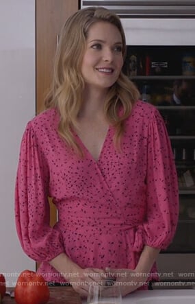 Sutton's pink floral wrap top on The Bold Type