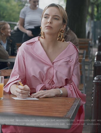 Villanelle's pink satin blouse on Killing Eve