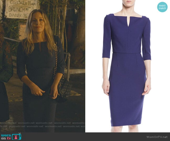 Elbow-Sleeve Split-Neck Crepe Sheath Dress by Roland Mouret worn by Jen Harding (Christina Applegate) on Dead to Me