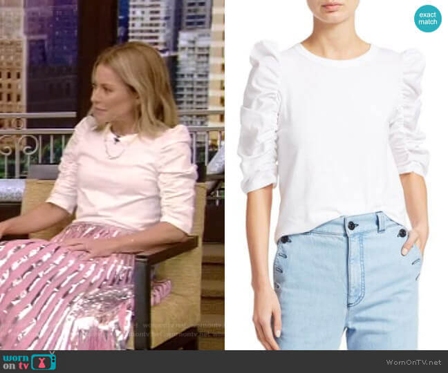 WornOnTV: Kelly’s white ruched sleeve top and pleated skirt on Live ...