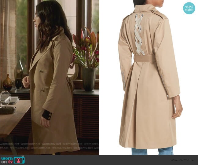 Emastic Laced Back Trench Coat by Sandro worn by Mona Vanderwaal (Janel Parrish) on Pretty Little Liars The Perfectionists