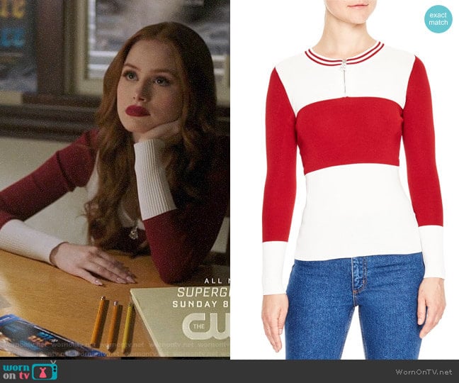 Sandro Colorblock Half Zip Sweater worn by Cheryl Blossom (Madelaine Petsch) on Riverdale