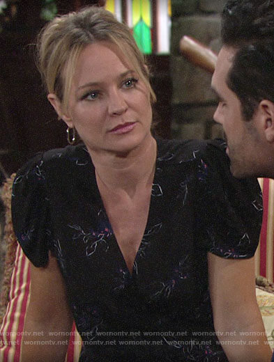 Sharon’s black floral wrap top on The Young and the Restless