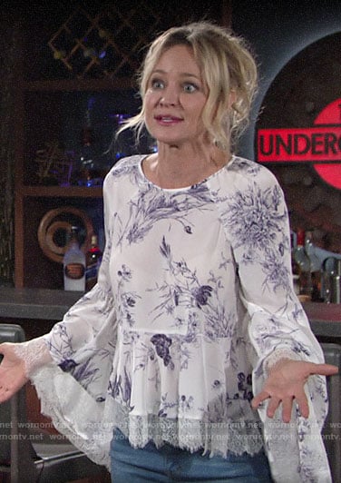 Sharon’s white floral lace-trim bell-sleeve top on The Young and the Restless