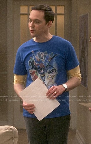 Sheldon’s blue Justice League t-shirt on The Big Bang Theory