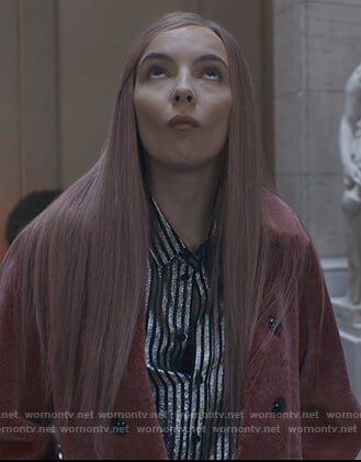 Villanelle's metallic stripe blouse on Killing Eve