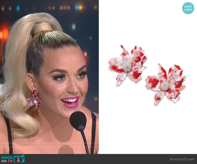 Small Paper Lily Earrings in cherry by Lele Sadoughi worn by Katy Perry  on American Idol