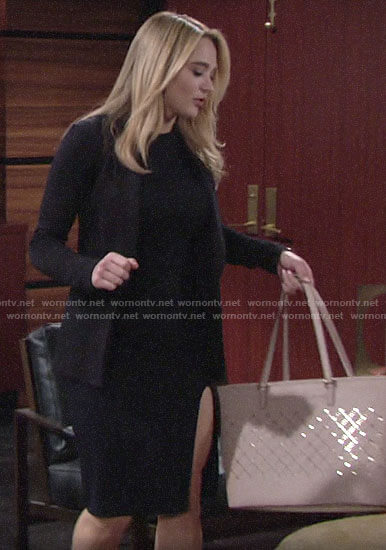 Summer's navy slit dress and blazer on The Young and the Restless