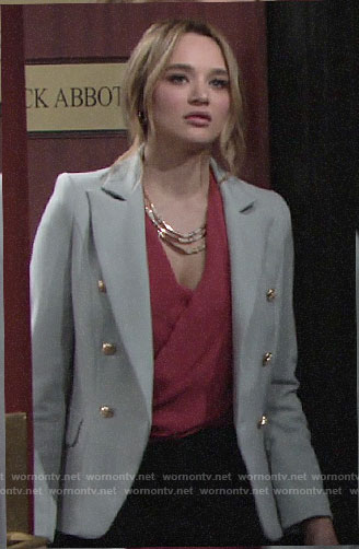 Summer’s pink wrap blouse and grey blazer on The Young and the Restless