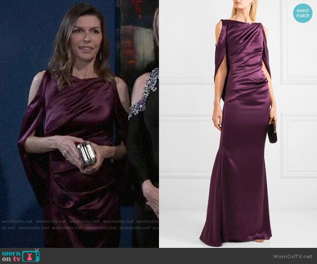 Talbot Runhof Cold-shoulder cape-effect ruched satin gown worn by Anna Devane (Finola Hughes) on General Hospital