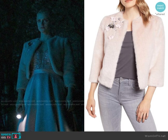 Ted Baker Appliqué Embellished Faux Fur Crop Jacket worn by Betty Cooper (Lili Reinhart) on Riverdale