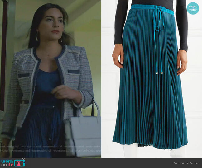 Mendini Pleated Twill Midi Skirt by Tibi worn by Cristal Jennings (Daniella Alonso) on Dynasty