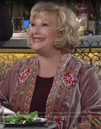 Traci’s floral embroidered velvet cardigan on The Young and the Restless