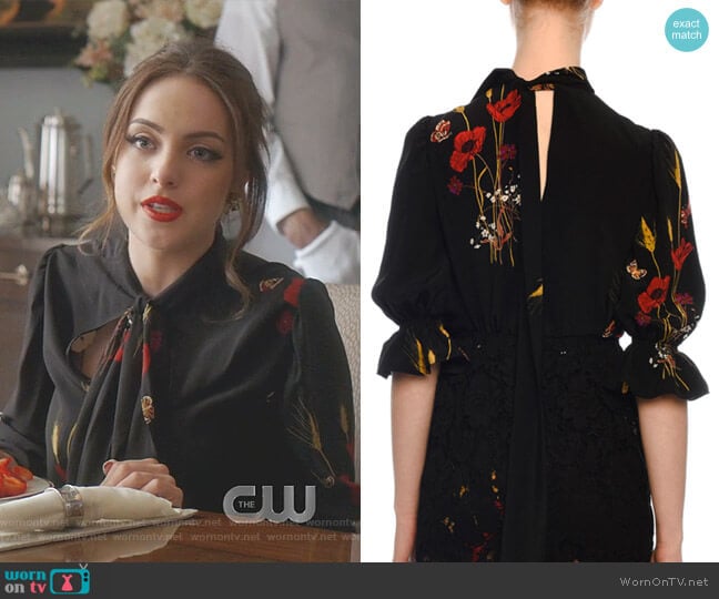 Short-Sleeve Puff-Shoulder Floral-Print Blouse by Valentino worn by Fallon Carrington (Elizabeth Gillies) on Dynasty