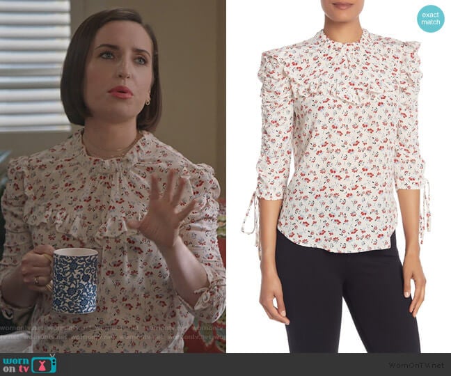 Howell Floral Ruched Sleeve Silk Blouse by Veronica Beard worn by Jennifer Short (Zoe Lister-Jones) on Life in Pieces