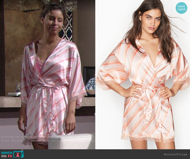 Victorias Secret Satin & Lace Kimono in Solar Pink Stripe worn by Elena Dawson (Brytni Sarpy) on The Young and the Restless