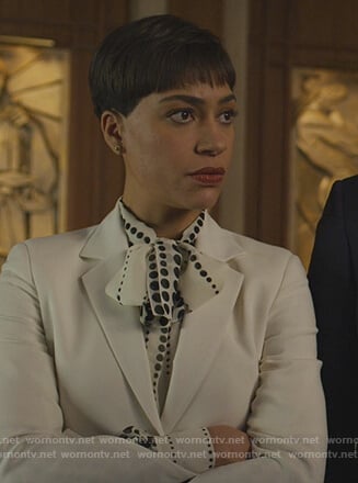 Lucca’s white polka dot print blouse on The Good Fight