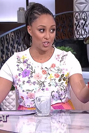 Tamera's floral tee and striped skirt on The Real