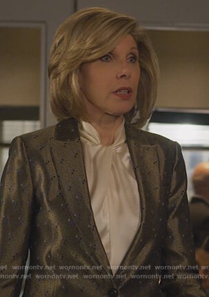 Diane's white twist neck blouse on The Good Fight