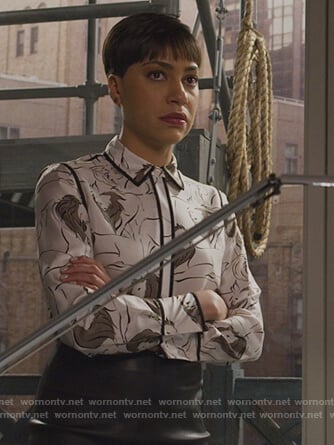 Lucca’s white lion print blouse on The Good Fight