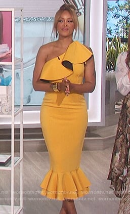 Eve’s yellow one shoulder ruffle dress on The Talk