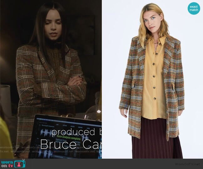 Checked Coat by Zara worn by Ava Jalali (Sofia Carson) on Pretty Little Liars The Perfectionists