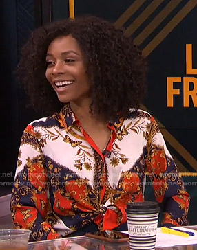 Zuri’s floral and butterfly print blouse on Live from E!
