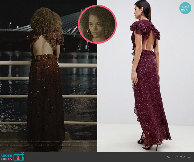 Ruffle Maxi Dress with Open Back in All Over Sequin by Asos worn by Tabitha Foster (Quintessa Swindell) on Trinkets