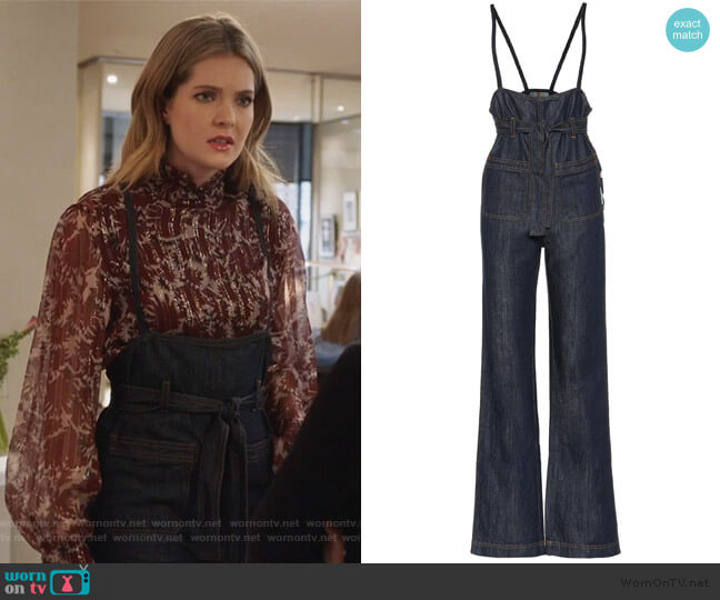 Denim overalls by AlexaChung worn by Sutton (Meghann Fahy) on The Bold Type