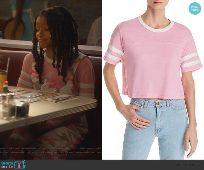 Striped-Sleeve Cropped Tee by Alternative worn by Skylar Forster (Halle Bailey) on Grown-ish