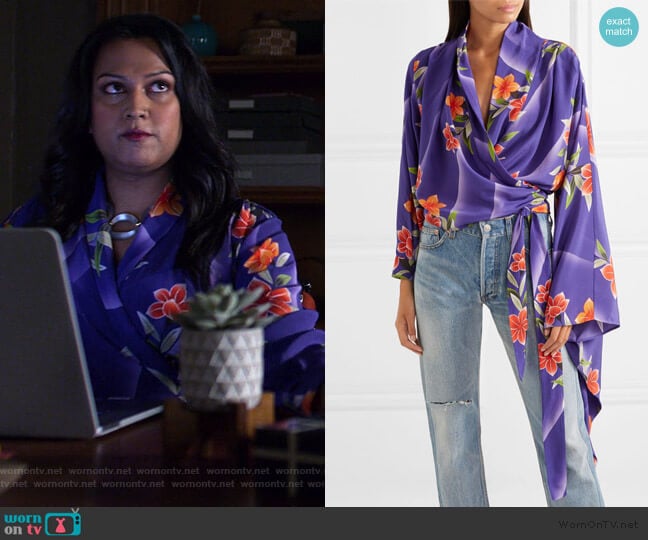 Floral-print silk-crepon wrap top by Balenciaga worn by Jeryn Hogarth (Carrie-Anne Moss) on Jessica Jones